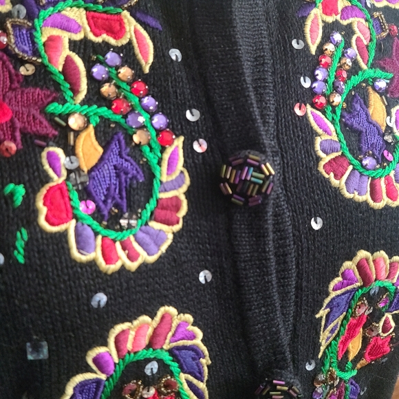 Vintage Jack B. Quick Sweatee Cardigan Mardi Gras Beaded Sequined Large XLarge - Picture 5 of 11